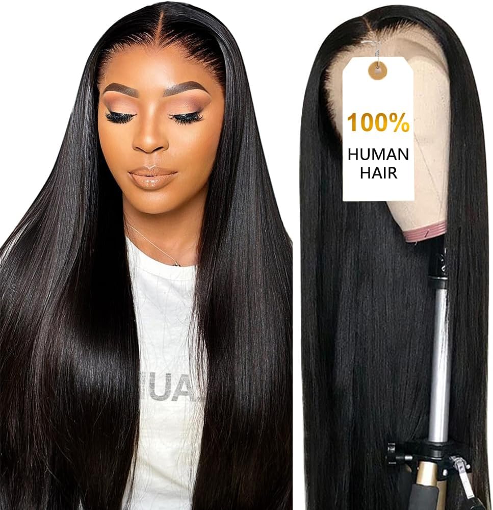 CUTE BEIN [2-Year Life, 100% Human Hair, 250g/pc, 250% Density 13x6 HD Straight Lace Front Wigs Human Hair Pre Plucked, [0.1mm Ultra-Thin HD Lace], Free Part 28 Inch