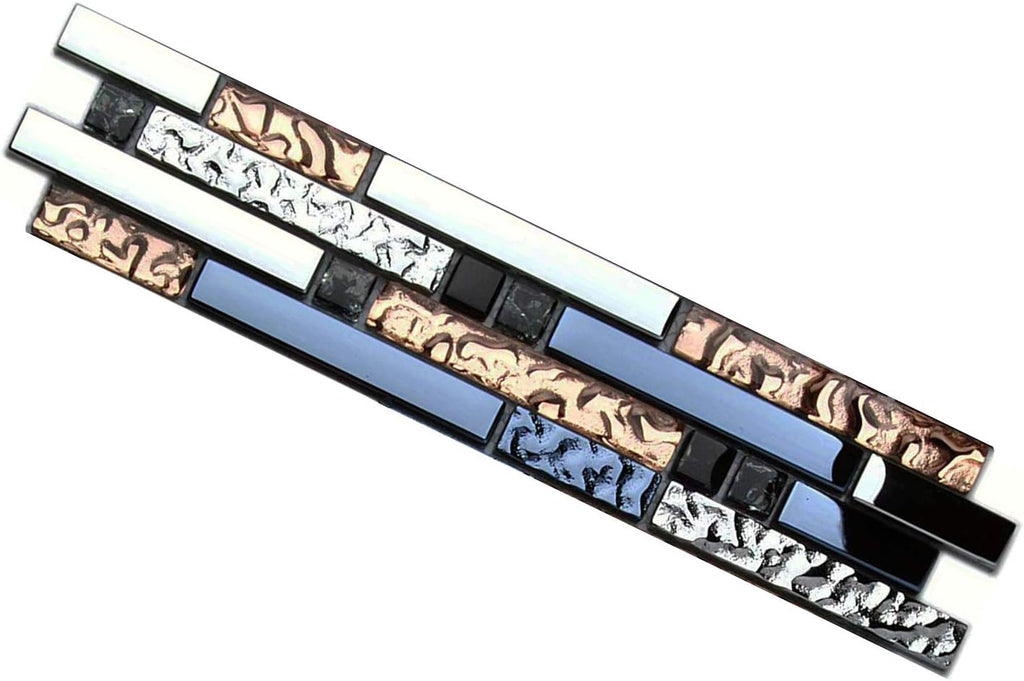 Hominter Metallic Glass Tile Rose Gold, Silver & Ink Blue Interlocking Linear Mosaic for Kitchen Backsplash, Bathroom Walls, Fireplace Surrounds & Accent Decor (3x12 Sample)