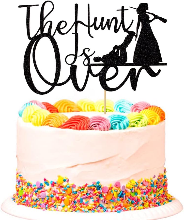 The Hunt is Over Cake Topper, Funny Guns Themed Bride & Groom Wedding/Engagement/Bridal Shower Party Cake Decorations, Black Glitter