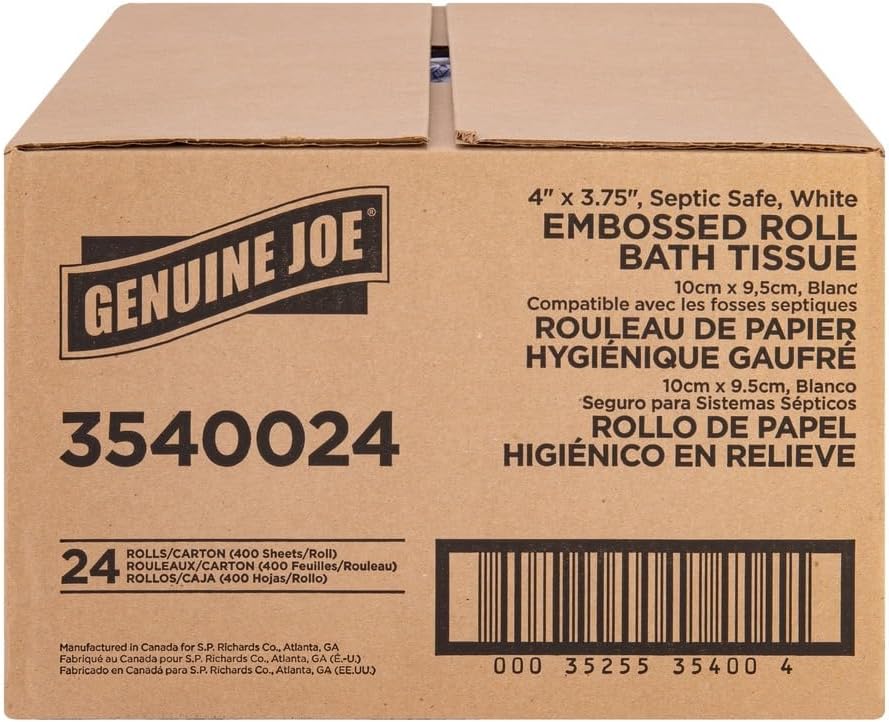 Genuine Joe Embossed Bath Tissue, 2-Ply, Septic Safe, Individually Wrapped, 4" x 3.75", 400 Sheets/Roll, 24 Count