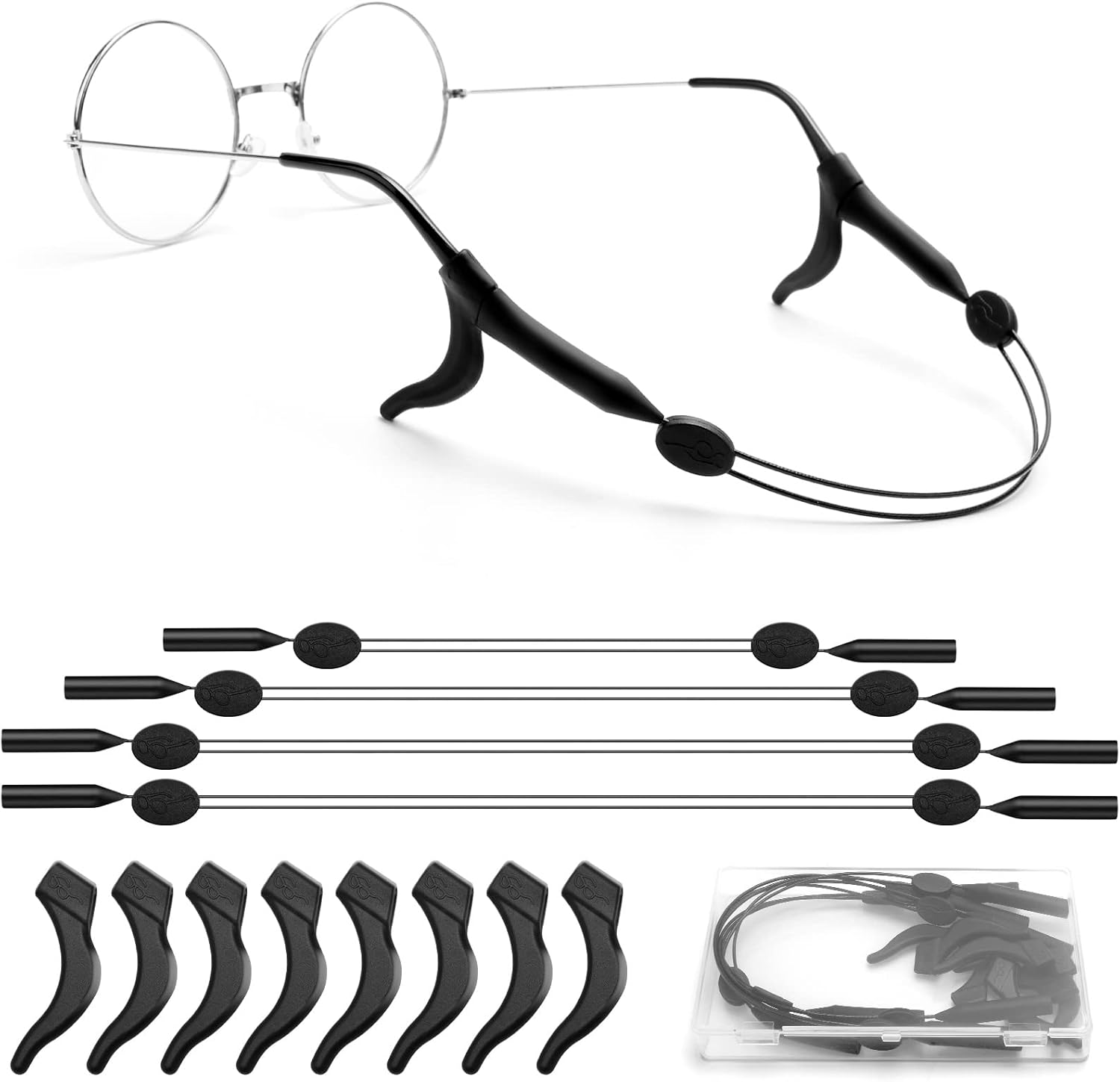 KAJUDA 4pcs Adjustable Glasses Strap, Anti-Slip Eyeglass Straps and Ear Hooks, Black