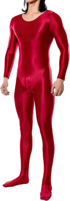 FEOYA Men Shiny Full Bodysuit Metallic Glossy Jumpsuit Sheer Silky Romper for Club Party Workout Cosplay