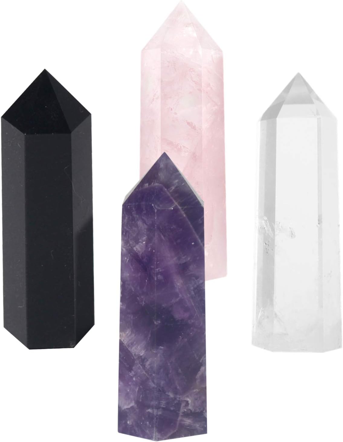 Luckeeper Healing Crystal Wands,2" Amethyst Crystal, Rose Quartz,Clear Quartz and Black Obsidian，6 Faceted Reiki Chakra Stones 4 pcs
