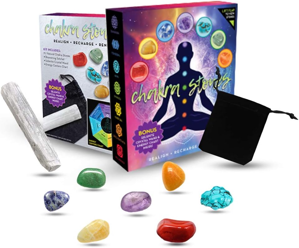 Chakra Stones Healing Crystals Set | 7 Reiki Healing Stones for Healing and Recharging | Tumbled Meditation and Worry Stone Kit | Chakra Crystals for Beginners with Selenite Wand and Energy Chart