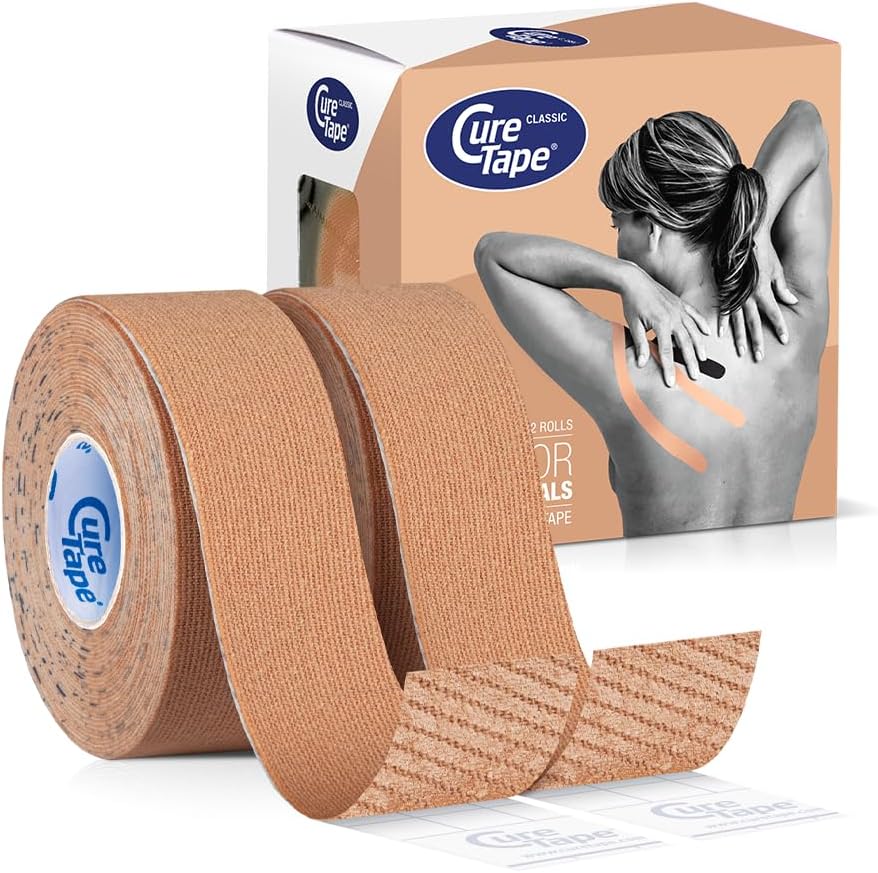CureTape® 1 inch Kinesiology Tape 2 Rolls | Waterproof, Latex Free & Hypoallergenic | Therapeutic Kinesiology Tape for Professionals | Relief Pain, Supports Muscles, Lympatic Taping | Beige