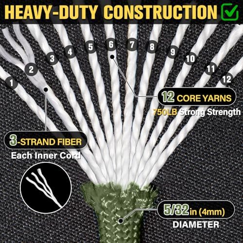 Paracord Rope 750 lb - 1000ft / 500ft / 200ft / 100ft 5/32" Parachute Cord 4MM 12-Strand para Cord - Heavy Duty Spool String for Survival,Camping Gear, Survival Bracelet, Clothesline