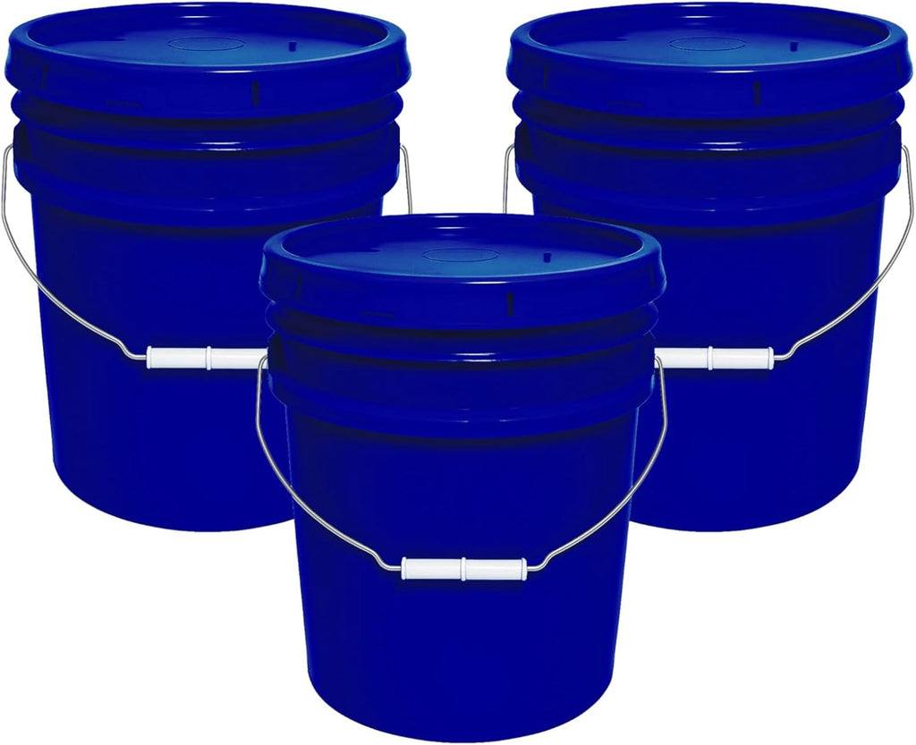 MKS Plastics 5-Gallon Bucket with Airtight Lid – Made in USA, Food Grade BPA Free Plastic, Heavy Duty Multi-Use, Metal Handle with Grip, Stackable Storage – Fina Blue, 3 Pack