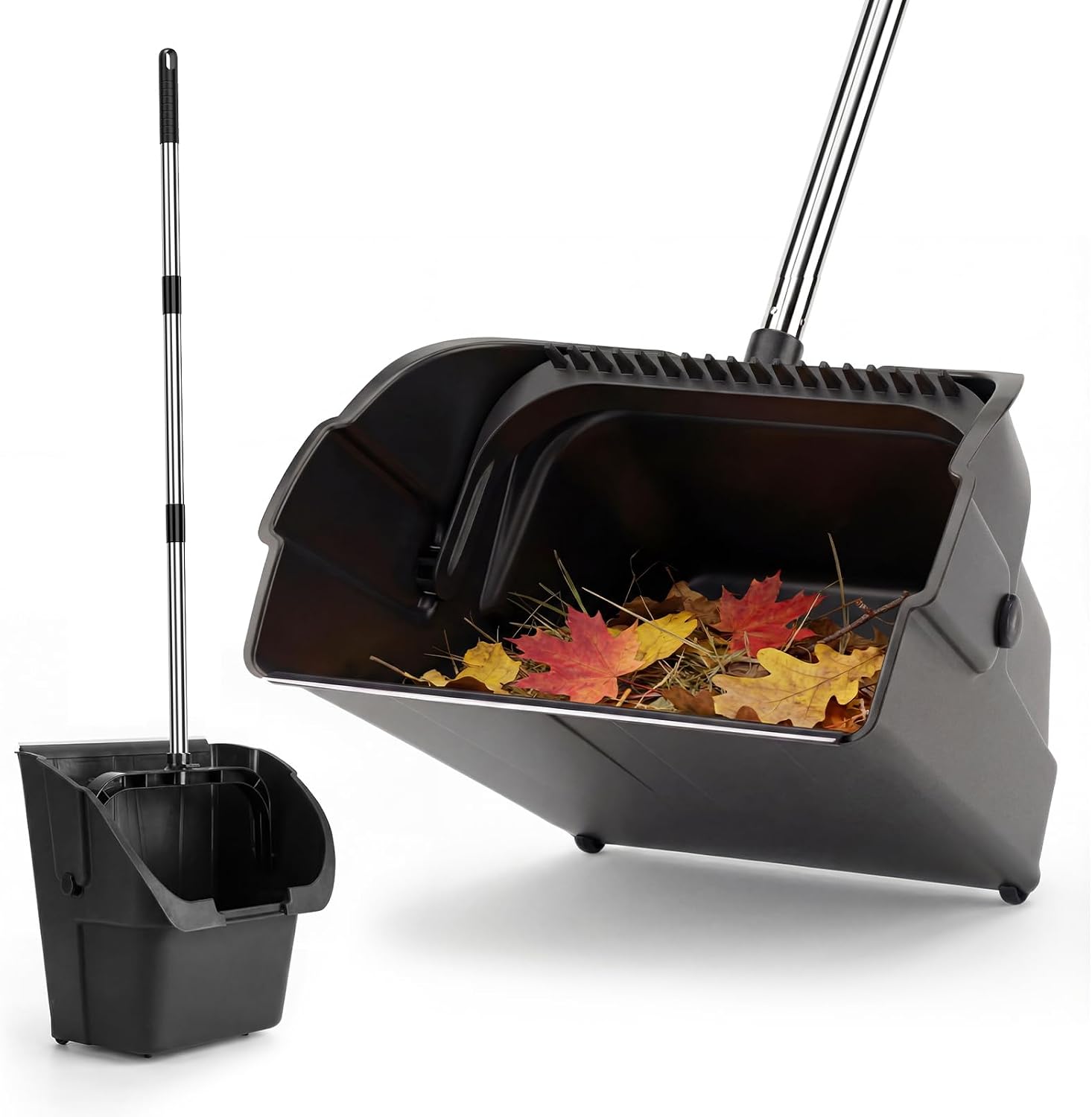 Jumbo Commercial Dustpan with Wheels & Comb Teeth - Heavy Duty 14.2" Rolling Debris Pan - Long Handle Extra Large Upright Dust Pan for Industrial Warehouse Garage Restaurant Sidewalk Outdoor - Black