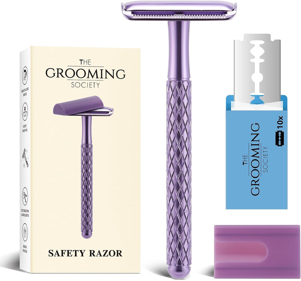 Double Edge Safety Razor for Women Purple with 10 Blades and Silicone Cover - Durable Metal Eco-Friendly Single Blade Razor - Closed Smooth Shave