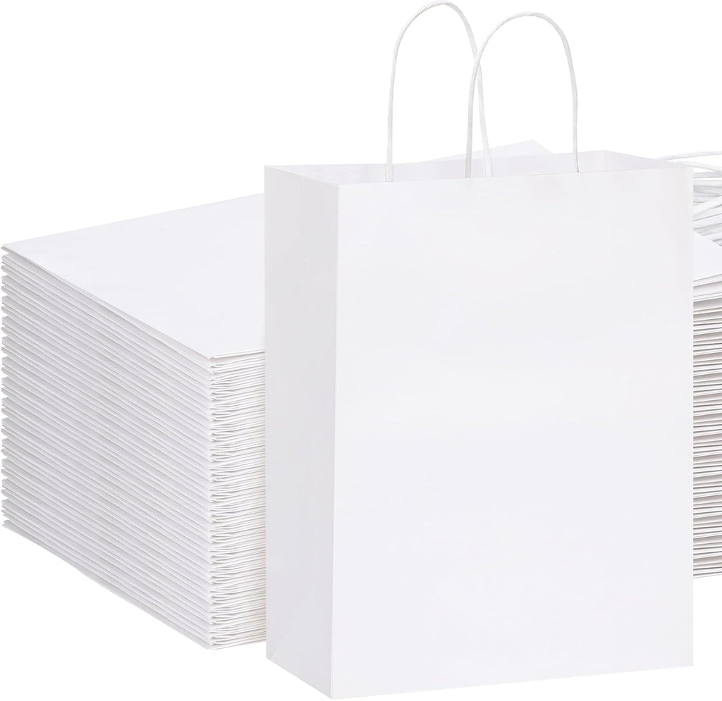 OUTUXED 100pcs 10x5x13in White Paper Gift Bags Kraft Large Paper Bags with Handles Bulk for Business, Shopping, Grocery, Retail, Birthday Wedding Party Favor, Merchandise