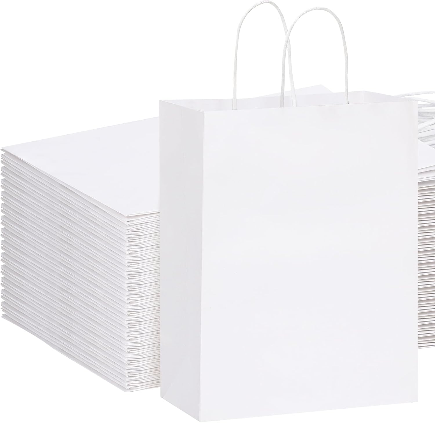 OUTUXED 100pcs 10x5x13in White Paper Gift Bags Kraft Large Paper Bags with Handles Bulk for Business, Shopping, Grocery, Retail, Birthday Wedding Party Favor, Merchandise