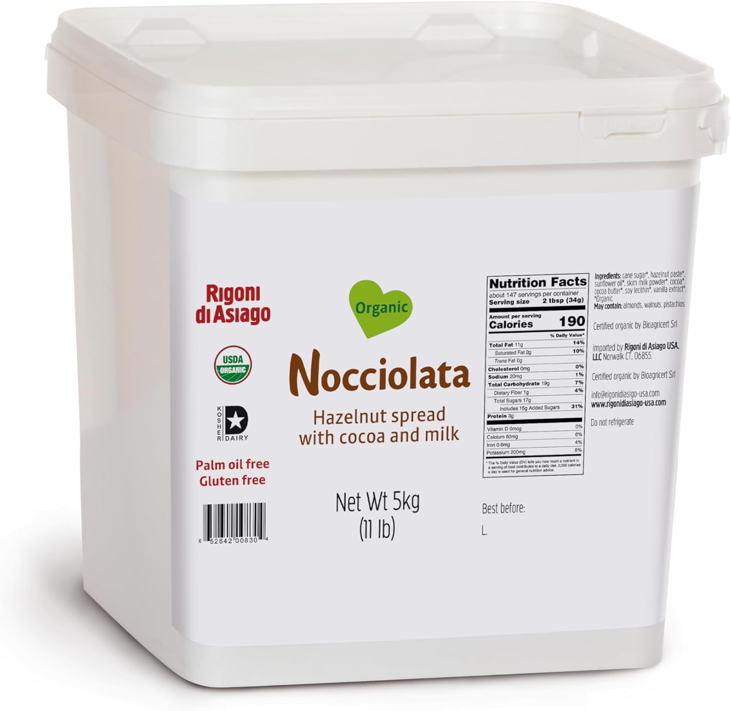 Rigoni di Asiago Nocciolata Organic Hazelnut Spread with Cocoa & Milk Foodservice, 5.5 Pound (Pack of 1)
