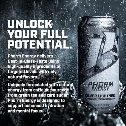 Phorm Energy Drink, Silver Lightning Flavor, 200 MG Natural Caffeine From Green Tea, Sugar Free Carbonated Drink With Electrolytes & Vitamin B12, Dairy & Gluten Free, Vegan, 16 FL Oz Cans, 12 Pack