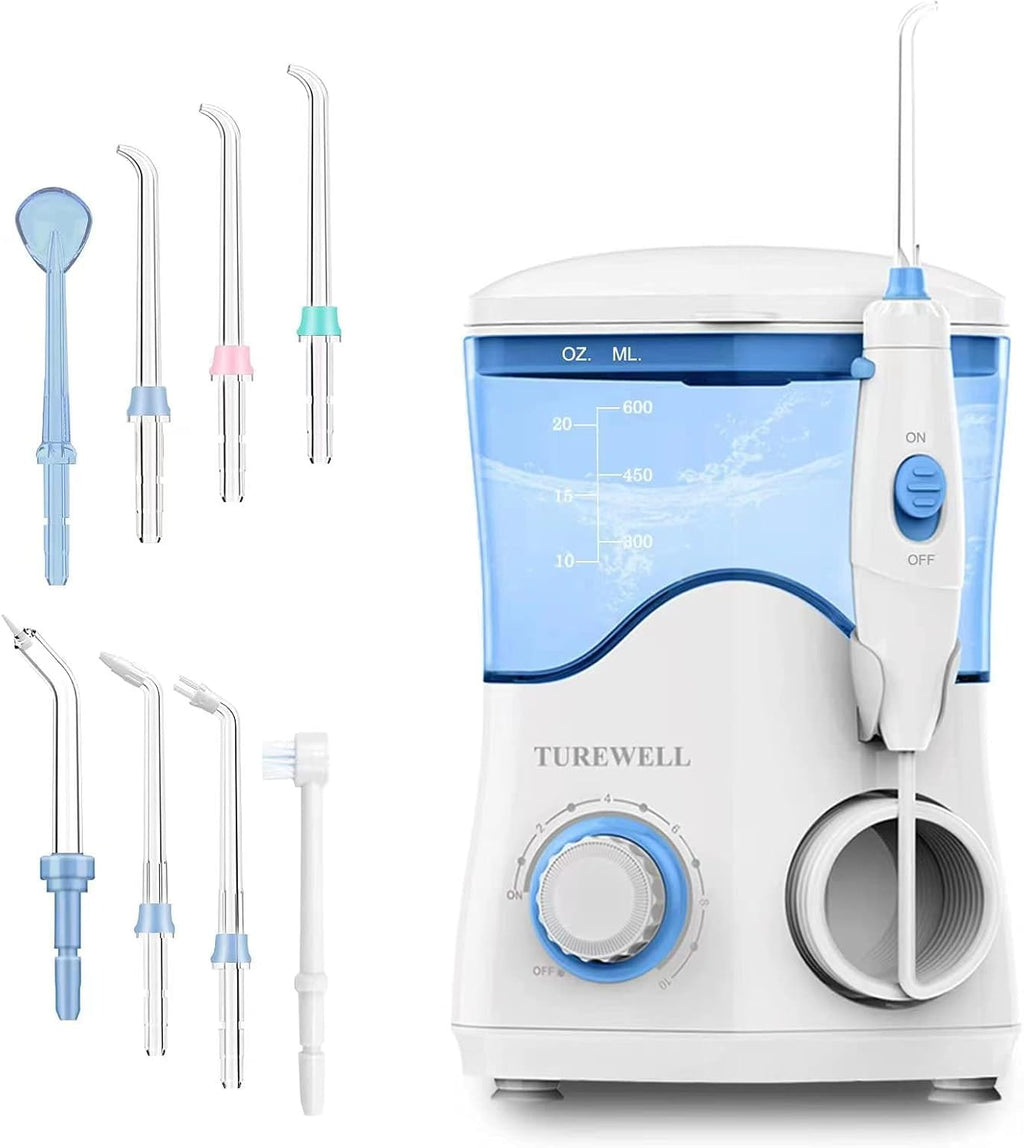 TUREWELL FC162 Water Dental Flosser for Teeth/Braces,10 Pressure Levels, 8 Water Jet Tips for Family, 600ML Electric Water Dental Oral Irrigator for Teeth-Clean (Black)
