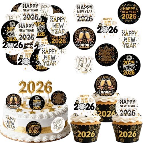 36PCS Edible 2026 Happy New Year Cupcake Toppers Wafer Paper Hello 2026 Cupcake Picks Black Gold 2026 Cake Toppers for Holiday New Year Theme Party Decor Supplies (Pattern 3)