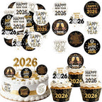 36PCS Edible 2026 Happy New Year Cupcake Toppers Wafer Paper Hello 2026 Cupcake Picks Black Gold 2026 Cake Toppers for Holiday New Year Theme Party Decor Supplies (Pattern 3)