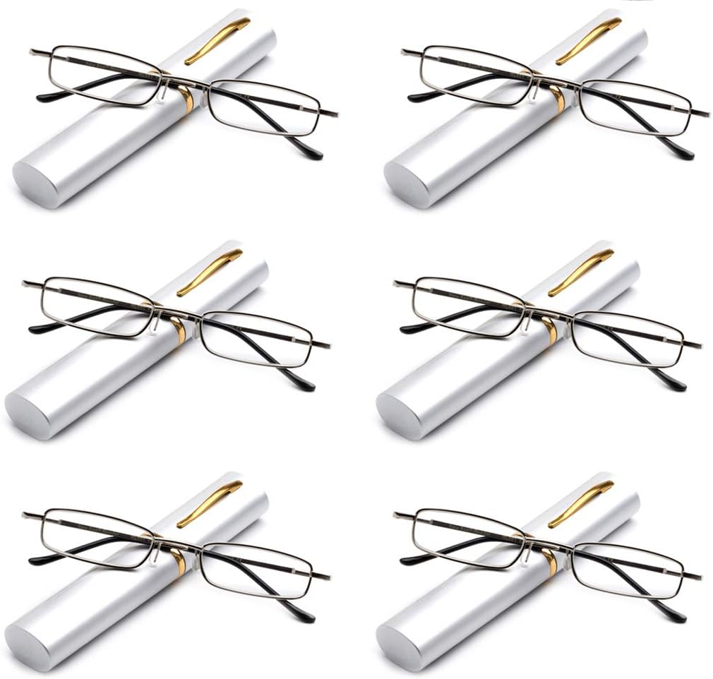 Newbee Fashion -"Pocket" Readers Ultra Compact Spring Temple Reading Glasses w/Portable Pocket Clip Aluminum Case 6 Packs
