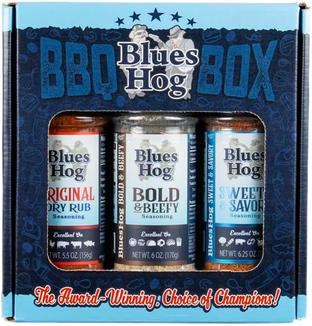Blues Hog Seasonings Barbecue Rub Box – BBQ Variety Pack Sampler – Gourmet Dry Rub Gift Set, All‑Natural & Gluten‑Free, Made in the USA (Original, Bold & Beefy, Sweet & Savory)