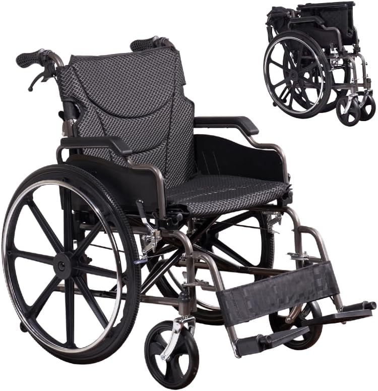 Lightweight Foldable Manual Wheelchair for Adults with 18" Seat & 275 lbs Capacity - Front/Rear Locking Brakes, 24" Quick-Release PU Wheels, Removable Footrest (Nano Gray)