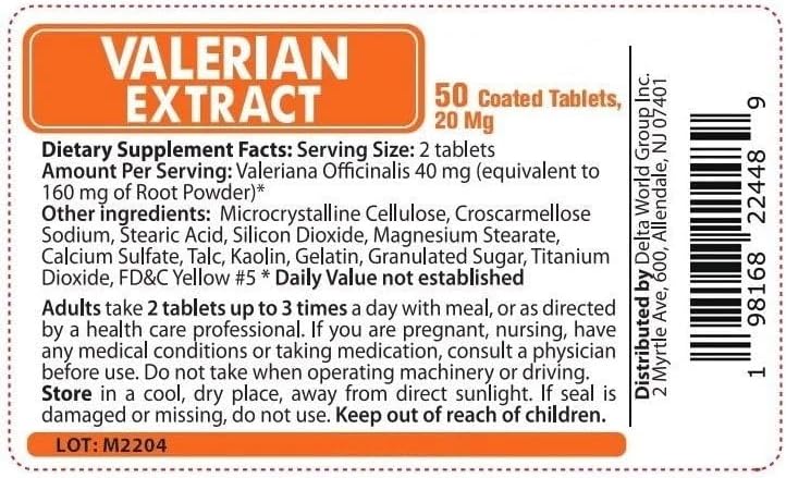 Valerian Root Extract, 5 Glass Bottles, 50 Coated Tablets Each Bottle (20mg), 250 Tablets