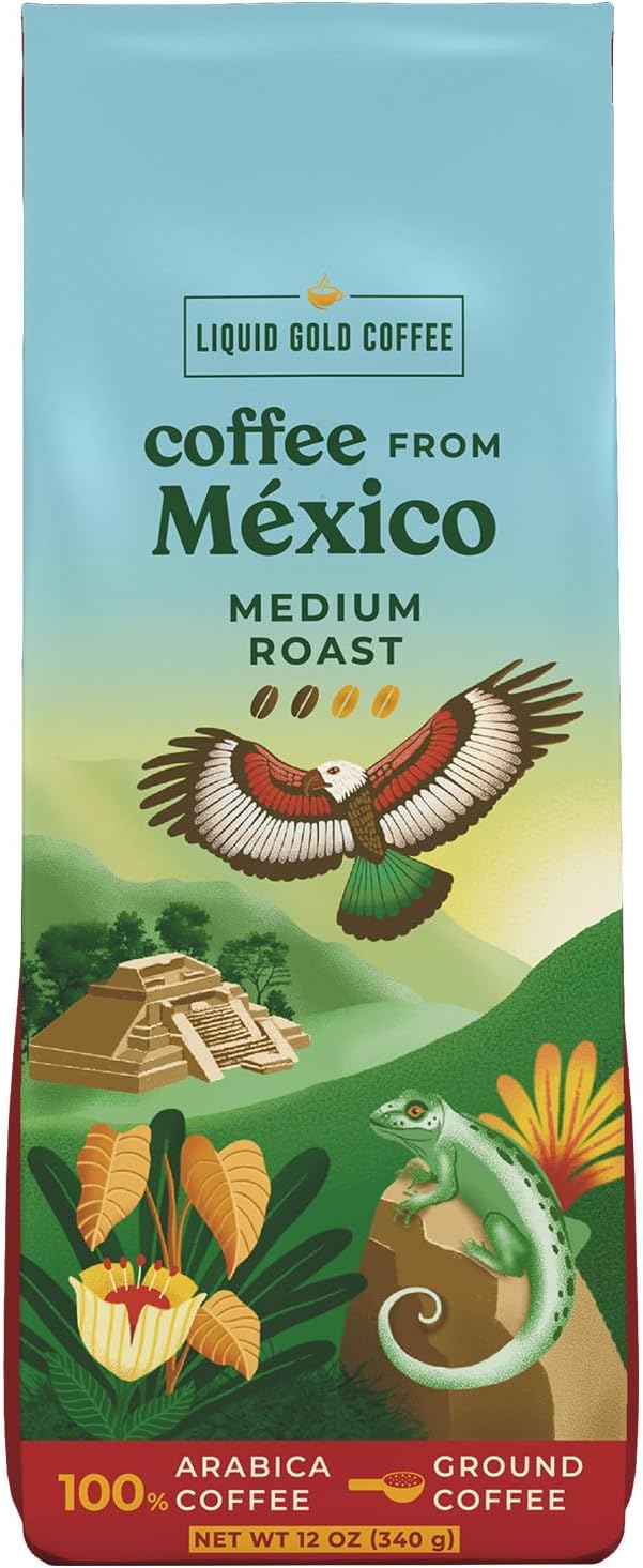 Coffee from Mexico Medium Roast Ground, 12 OZ Bag (340 Grams), by Liquid Gold Coffee, 100% Arabica Beans, Fair Trade, From Marachi Chiapas Farm, Single Origin Specialty Coffee, Roasted Fresh in Small Batches
