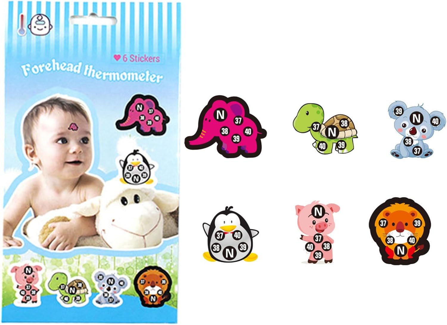 Stick-On Fever Cute Cartoon Forehead Fever Stickers Temperature Fever for Kids Baby Adults Home Supplies Fever Patches Animal Appearance Continuously Fever Temperature Monitoring