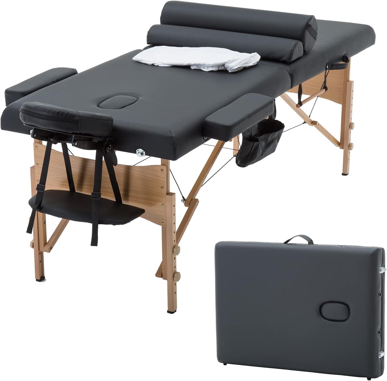 PayLessHere Massage Bed Portable Massage Table 28 inch Wide Lash Bed 2 Folding Height Adjustable Spa Table with Towel Hanger Oil Pouch Half Bolster Round Bolster Non-Woven Bag
