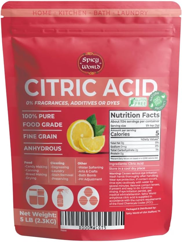 Pure Citric Acid 5 LB Bulk Bag - 100% Natural, Food Grade, Non-GMO - Citric Acid Powder for Cleaning, Bath Bombs, Preserving | Fine Granular | Premium Quality by Spicy World