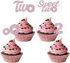 24 Pcs Sweet Two Cupcake Toppers Donut Party Decorations Picks Two Cake Decoration for 2st Theme Birthday Party Baby Shower Supplies（Pink）