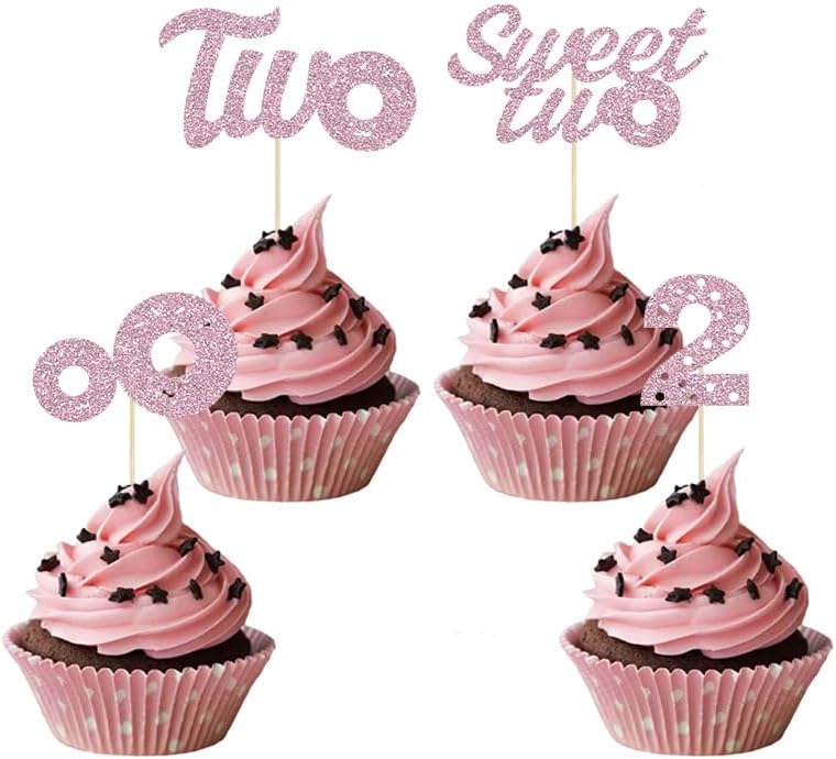 24 Pcs Sweet Two Cupcake Toppers Donut Party Decorations Picks Two Cake Decoration for 2st Theme Birthday Party Baby Shower Supplies（Pink）
