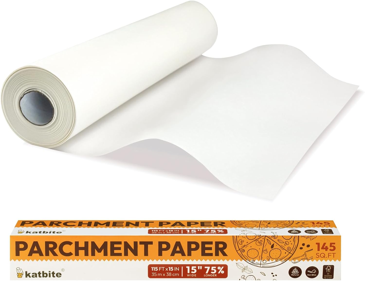 Katbite Parchment Paper Roll 15in x 115ft, White Pachment Baking Paper Roll 145 Sq.Ft, Non-Stick and Extra Longer Parchment Paper with Portable Serrated Cutter for Baking,Cooking,Space-saving