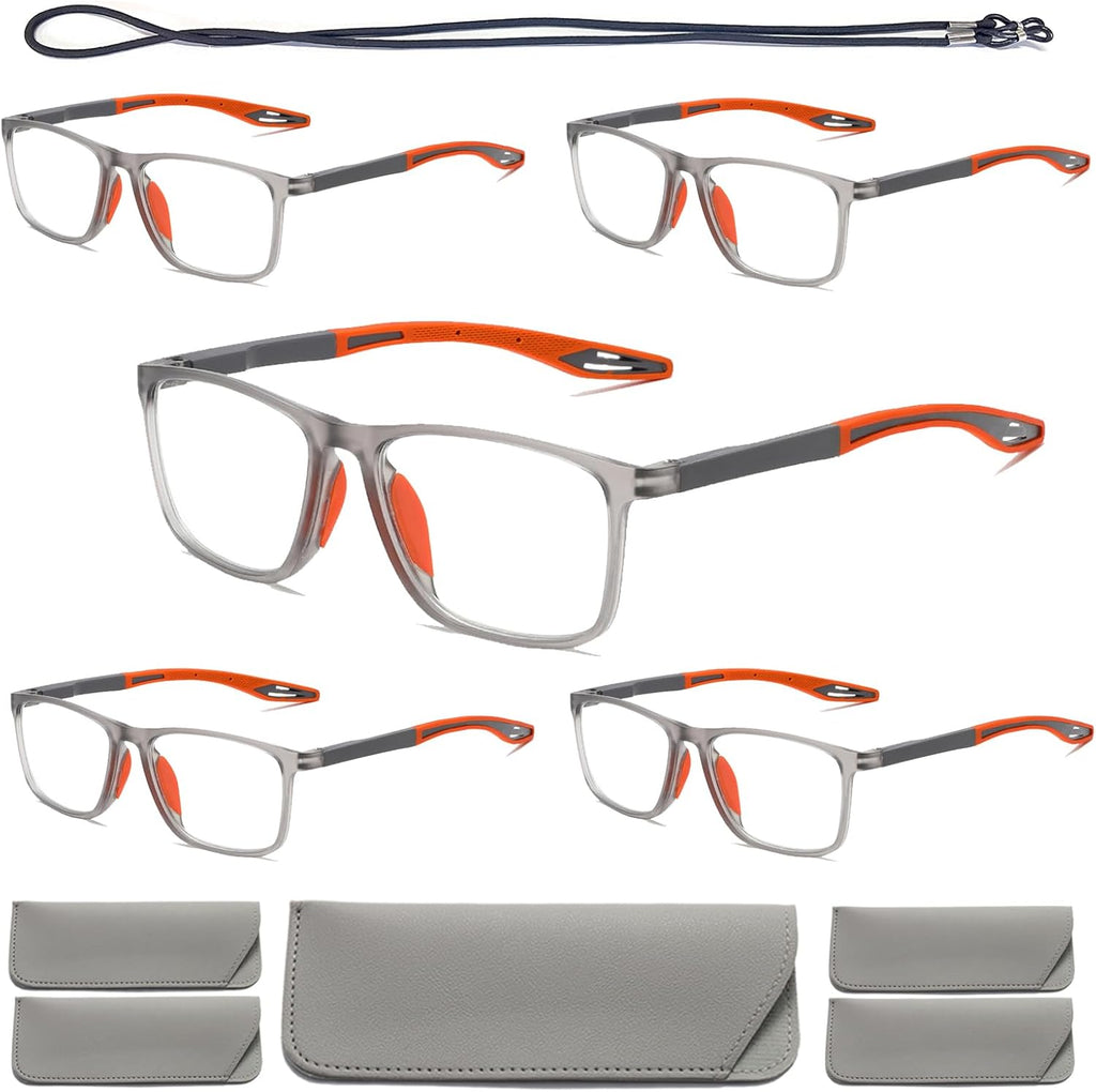 Hubeye TR90 Sports Reading Glasses for Men and Women Ultralight Flexible Anti-Blue Light Readers（Orange+Orange+Orange+Orange+Orange，+2.5）