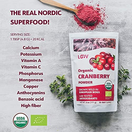 Organic Freeze-Dried Cranberry Powder – Pure, 100% Natural Wild Whole Fruit, Certified Organic from Nordic Forests – Non-GMO, No Added Sugar – 6oz (35 Servings)