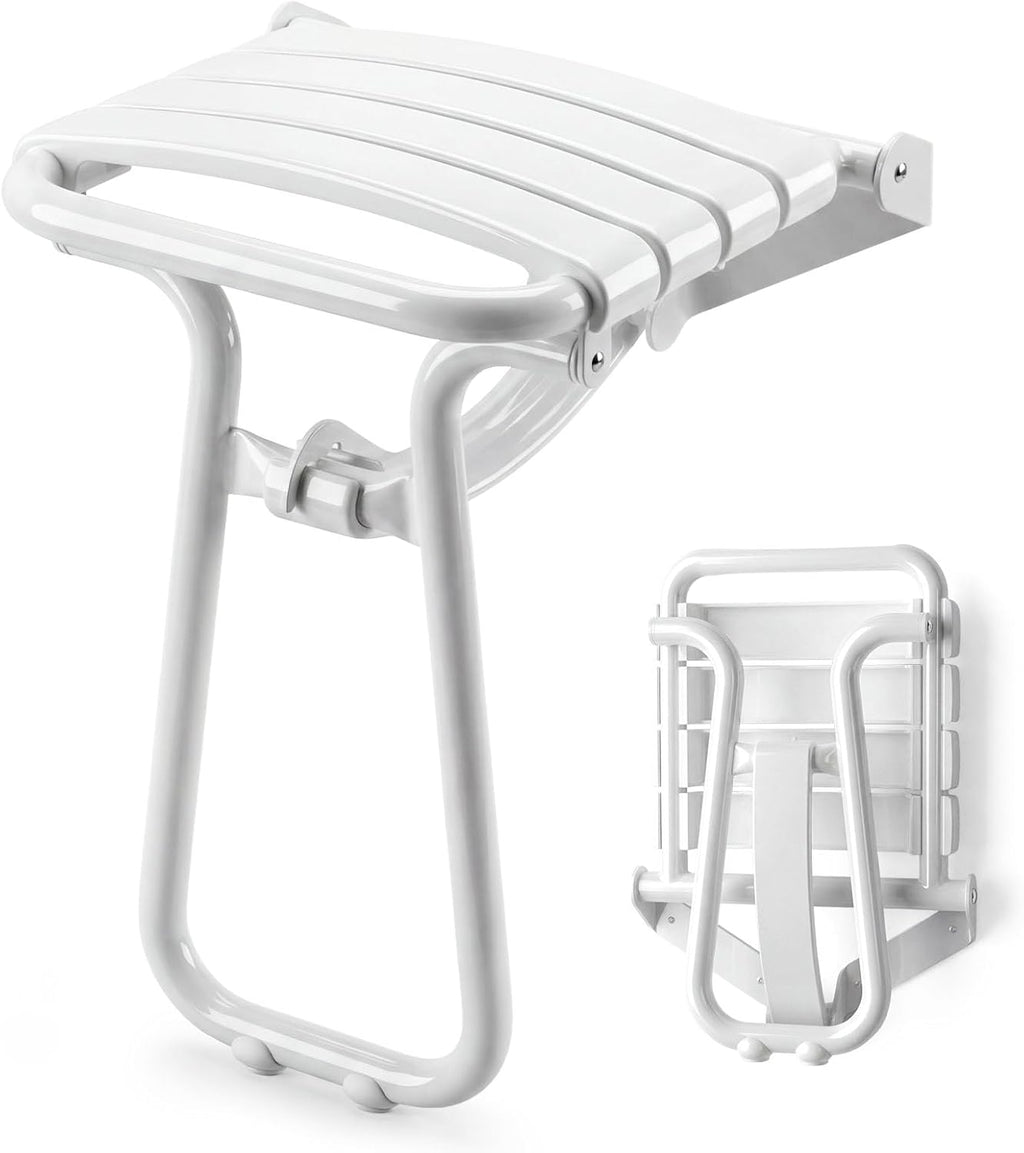 Foldable Shower Seat for Elderly & Disabled, Wall-Mounted Shower Chair with Support Legs, 500 lbs Capacity, Anti-Slip Curved Seat, Medical Bathing Aid for Safety & Fall Prevention