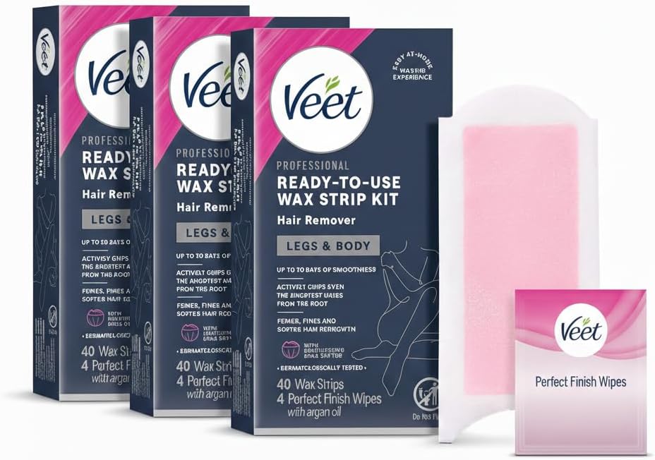 VEET Sugar Wax Strips For Women's Body Hair Removal, Bikini Hair Removal Kit, Pubic, Dermatologically Tested For Body & Intimate Areas, 40ct Wax Strips with Shea Butter & 4ct Wipes (Pack of 3)