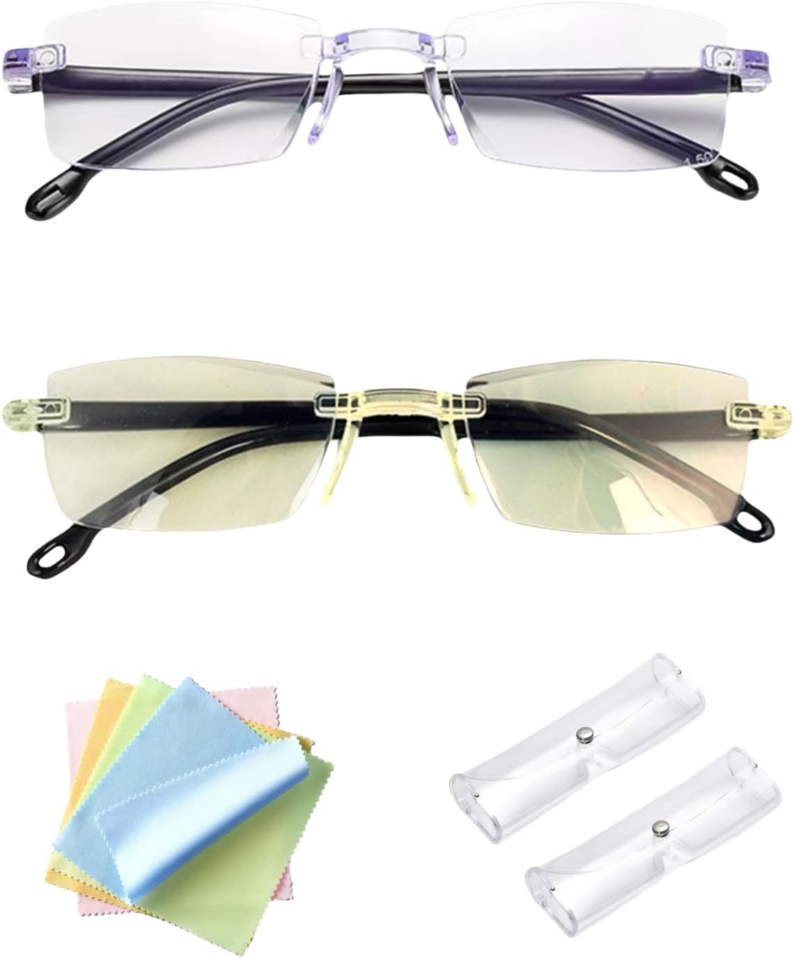 2 Pcs Auto Focus Glasses Self Adjusting, Intelligent Dual Focusing Eyeglasses Smart Zoom Reading Anti-Blue Presbyopia Glass Look Far And Near For Men Women With Case And Glasses Cloth (Yellow+White)