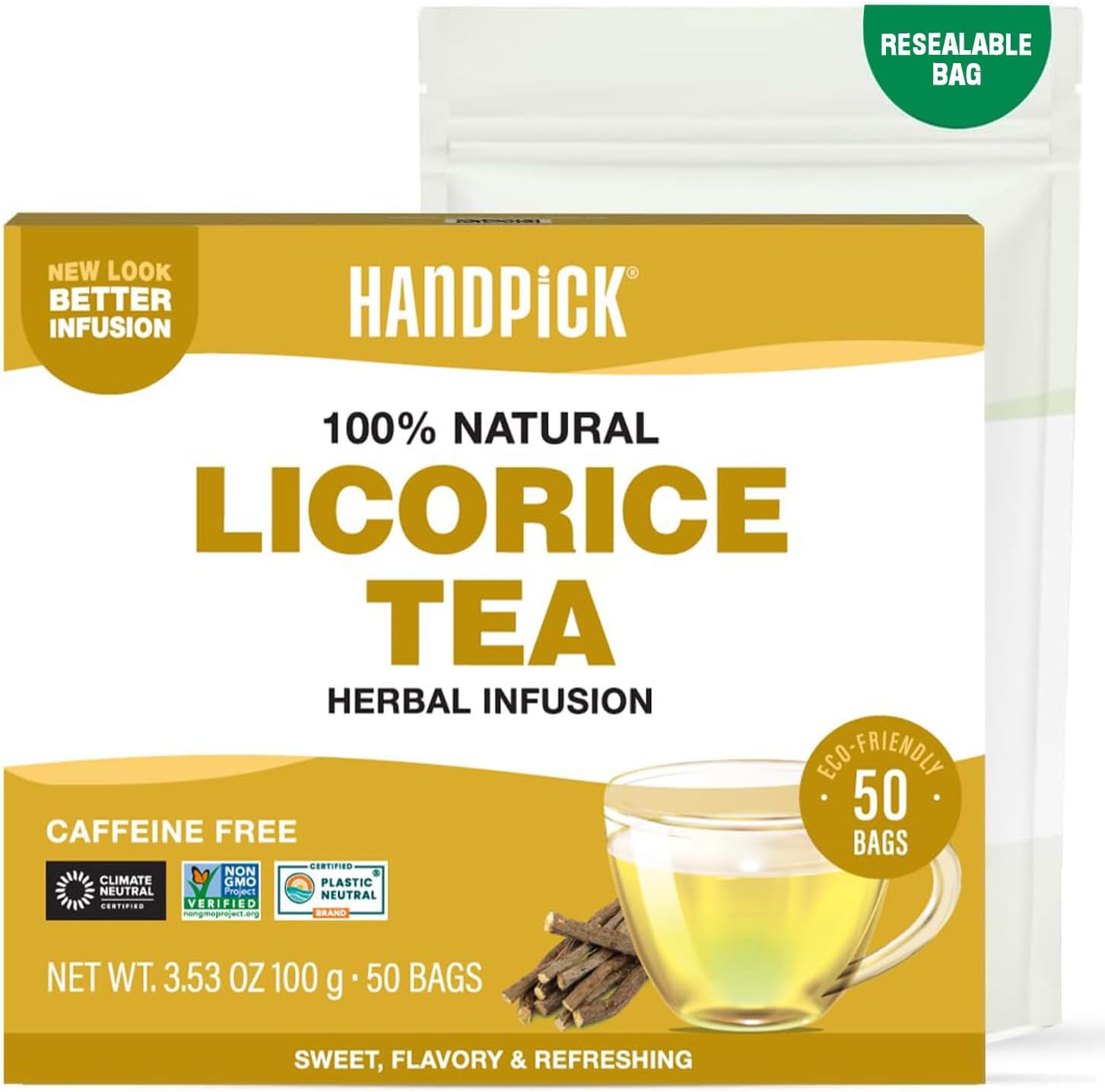 HANDPICK, Licorice Root Tea Bags (50 Count, 2g/tea bag) Licorice Tea | Non-GMO, Caffeine Free | Goodness of Cinnamon, Blackpepper, Clove, Cardamom & Ginger