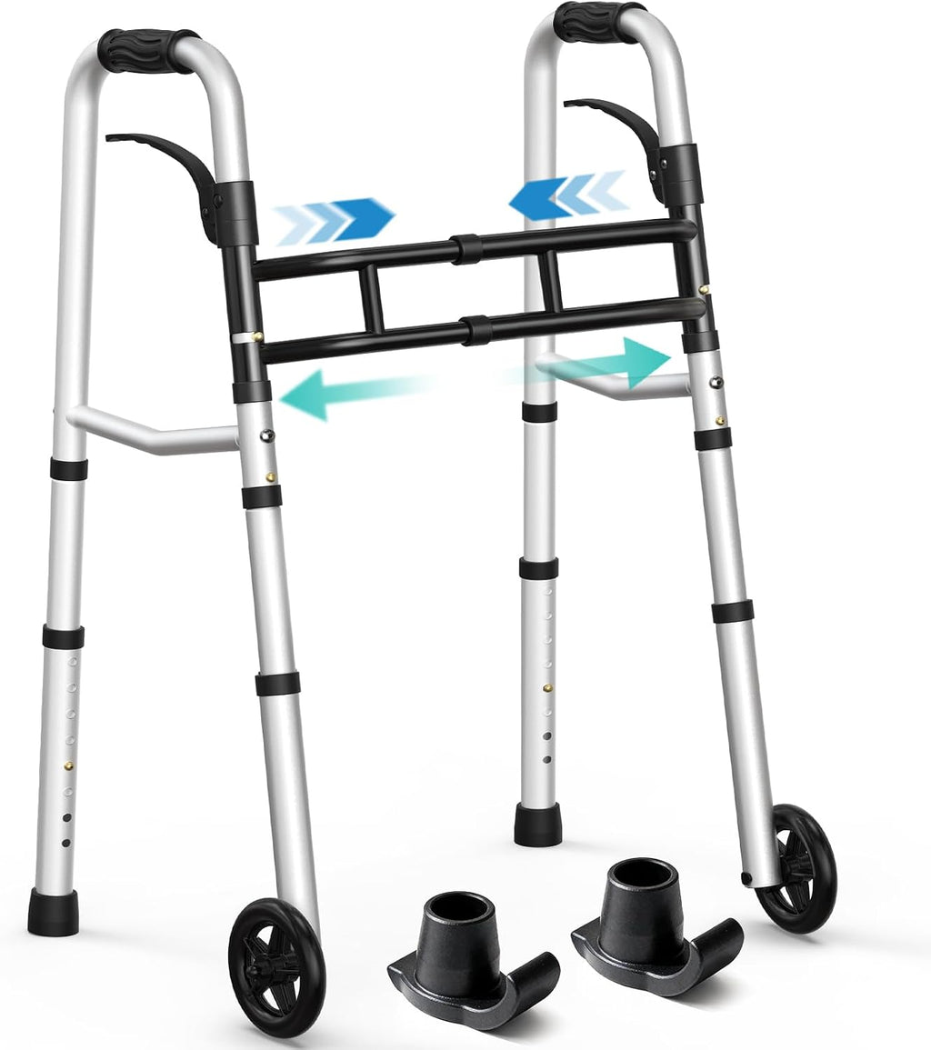 HOMENURSE Narrow Walkers for Seniors, Folding Walker with Skis and 5" Wheels for Small Spaces, Adjustable Width & Height, Aluminum Lightweight Standard Rolling Walker, Support Up to 350lbs, Silver