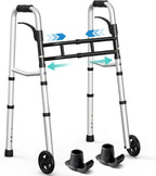 HOMENURSE Narrow Walkers for Seniors, Folding Walker with Skis and 5" Wheels for Small Spaces, Adjustable Width & Height, Aluminum Lightweight Standard Rolling Walker, Support Up to 350lbs, Silver