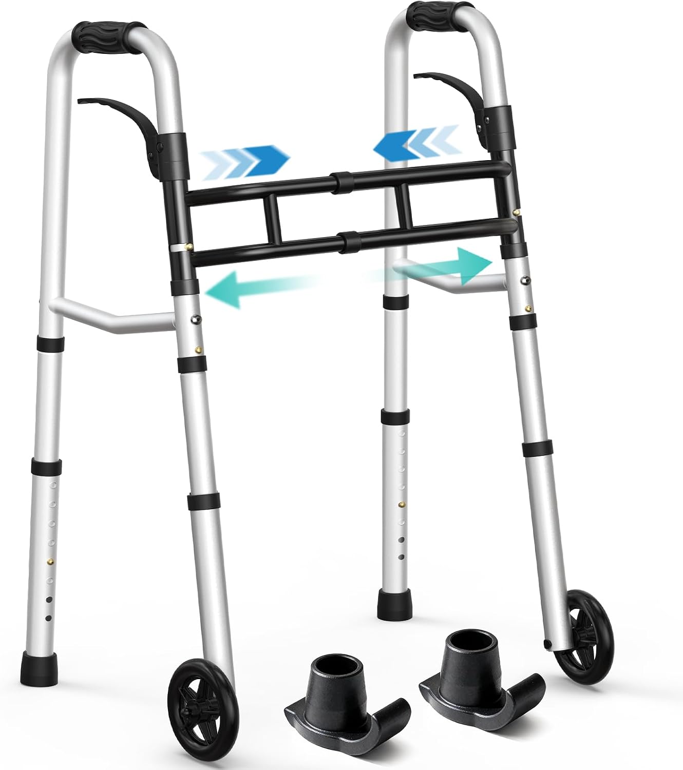 HOMENURSE Narrow Walkers for Seniors, Folding Walker with Skis and 5" Wheels for Small Spaces, Adjustable Width & Height, Aluminum Lightweight Standard Rolling Walker, Support Up to 350lbs, Silver