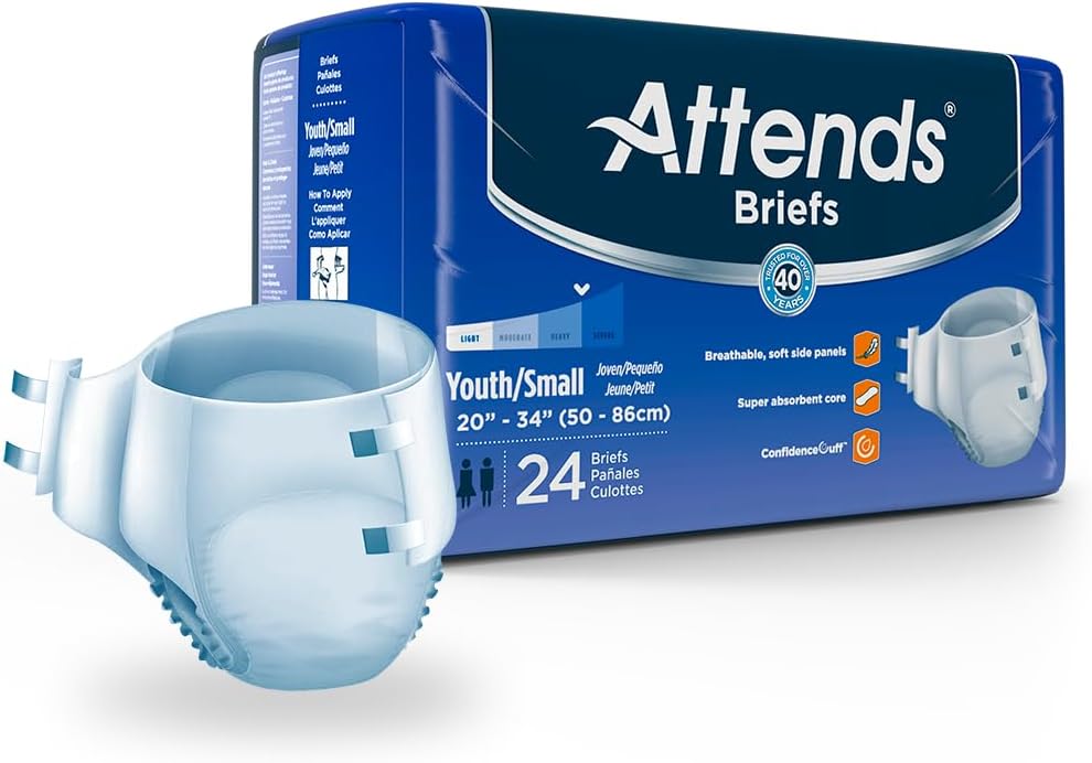 Attends Youth Incontinence Disposable Briefs, Youth/Small, 20"-34" Waist with Tab Closure, Heavy Absorbency with Super Absorbent Core and Breathable Side Panels, 96ct Case