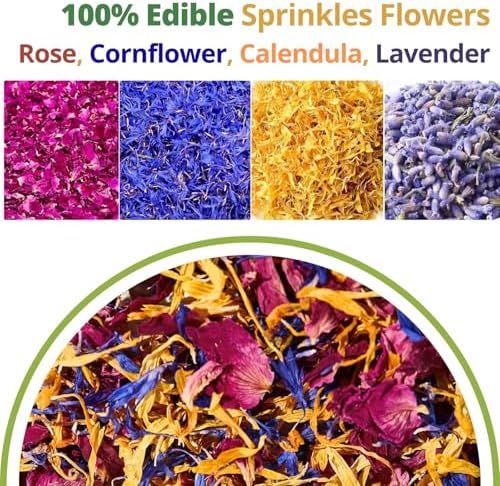 Edible Flower Sprinkles for Cake Decorating– 1oz Dried Edible Flowers Mix Rose, Cornflower, Calendula, Lavender– Edible Cake Decorations, Cupcake Sprinkles Flower for Drinks, Cocktails & Desserts
