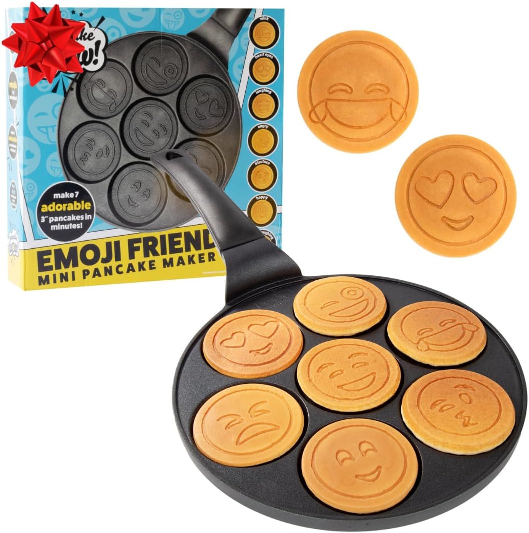 Emoji Mini Pancake Pan- 7 Unique Flapjack Smiley Faces for Kids, Nonstick Pan Cake Maker Stovetop Griddle for Easy Cleanup, Long Handle for Easy Holding, Breakfast Gift- Officially Licensed by Emoji