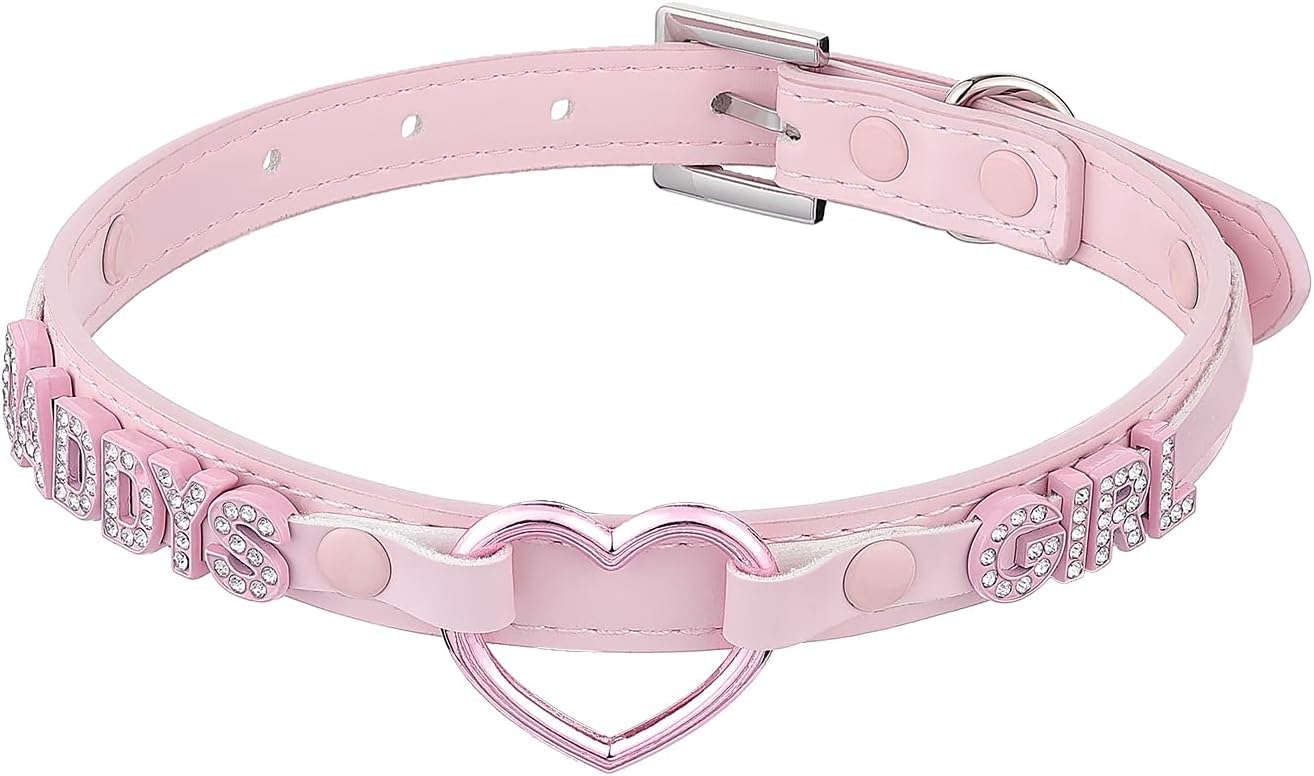 Black Heart O-ring Choker Necklace For Women, Cute Pink Little Letter Leather Collar For Women, Adjustable Fashion Jewelry