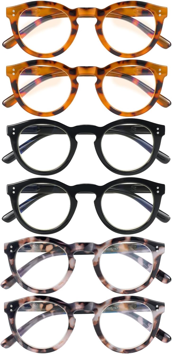 6 Pack Blue Light Blocking Reading Glasses - TR90 Retro Round Readers for Women Men - Spring Hinge Frames with UV400 Anti-Reflective Lens (1.75x)
