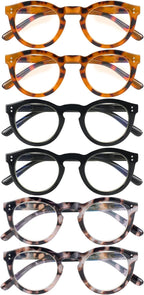 6 Pack Blue Light Blocking Reading Glasses - TR90 Retro Round Readers for Women Men - Spring Hinge Frames with UV400 Anti-Reflective Lens (1.75x)
