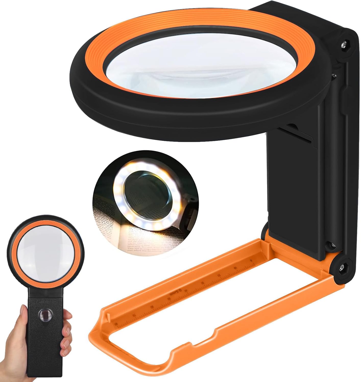 KIBTOY Magnifying Glass with Light and Stand, Foldable Handheld Magnifying Lenses 18 LED Illuminated Lighted Magnifier for Seniors Reading, Close Work, Coins, Jewelry Black