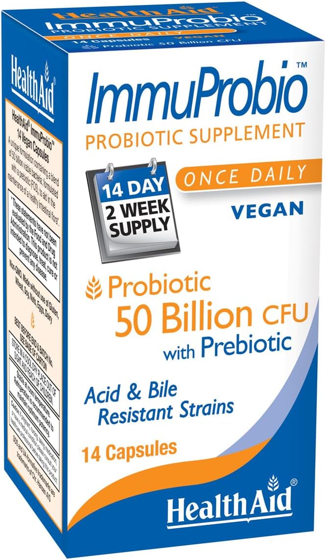 HealthAid ImmuProbio – Once-Daily 50 Billion CFU Probiotic with Prebiotic Fiber (FOS) | 30 Strains Including DDS‑1 | Acid & Bile Resistant, Room‑Temperature Stable, Vegan – 14 Capsules
