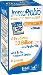 HealthAid ImmuProbio – Once-Daily 50 Billion CFU Probiotic with Prebiotic Fiber (FOS) | 30 Strains Including DDS‑1 | Acid & Bile Resistant, Room‑Temperature Stable, Vegan – 14 Capsules