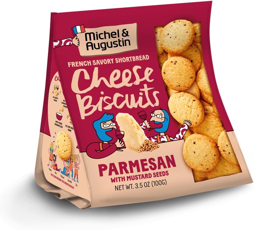 Michel et Augustin Gourmet Crackers, Parmesan Cheese Biscuits with Mustard Seeds, Savory Party Crackers, French Snacks, 3.5 oz. Bags